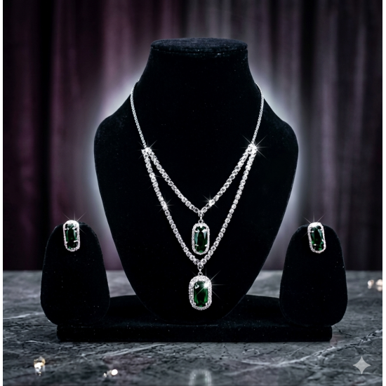 Brass Rhodium AD Double Layered Pendent Set-Green