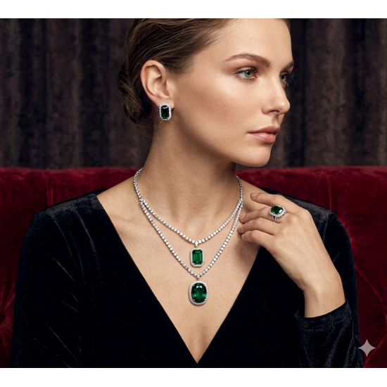 Brass Rhodium AD Double Layered Pendent Set-Green