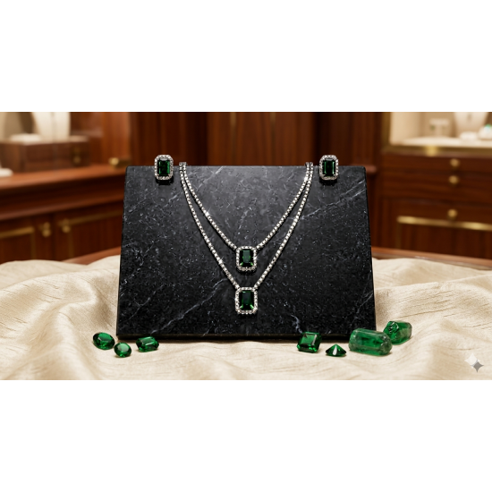 Brass Rhodium AD Double Layered Pendent Set-Green