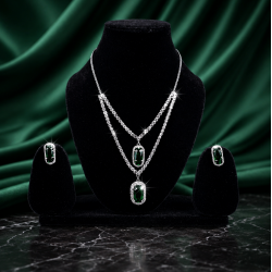 Brass Rhodium AD Double Layered Pendent Set-Green