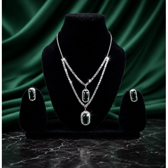 Brass Rhodium AD Double Layered Pendent Set-Green