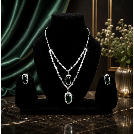 Brass Rhodium AD Double Layered Pendent Set-Green